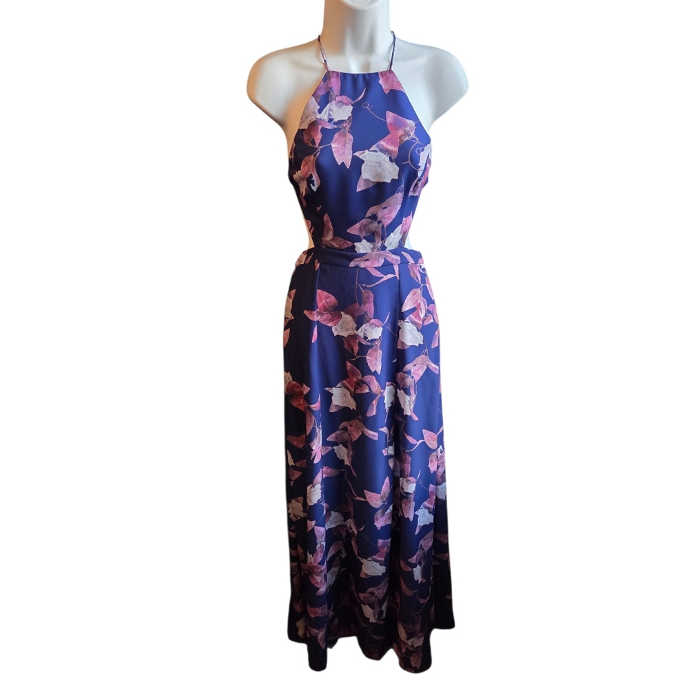 Fame and Partners Purple Midnight Halter Cut Out Floral Size 2